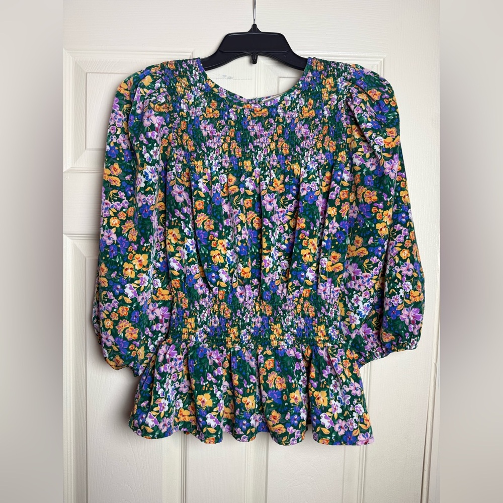 Pleione Floral Print Smocked Puff Sleeve Peplum Ruffle Colorful Blouse